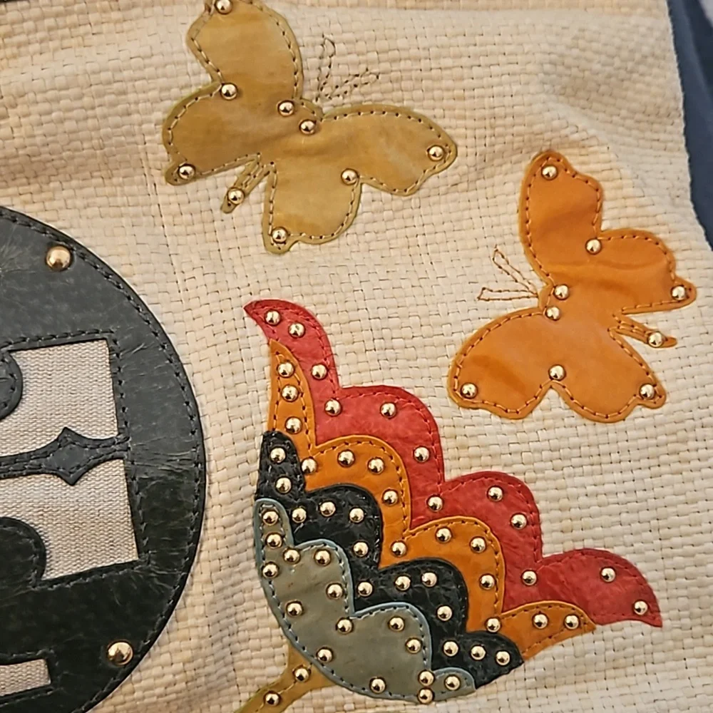 Tory Burch Cream Canvas Tote with Black Trim and Multicolor Butterfly Appliqués